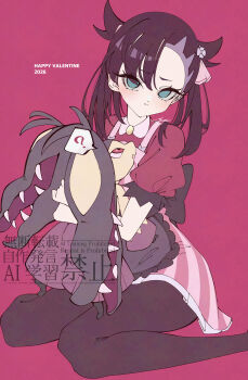 Rule 34 | 1girl, ?, absurdres, asymmetrical bangs, black hair, black pantyhose, commentary request, dress, gen 3 pokemon, green eyes, happy valentine, highres, holding, holding pokemon, looking at another, looking at viewer, marie (pixiv59672544), marnie (palentine's 2022) (pokemon), marnie (pokemon), mawile, nintendo, pantyhose, pokemon, pokemon (creature), pokemon masters ex, puffy short sleeves, puffy sleeves, red background, red dress, short sleeves, simple background, sitting, twintails, undercut, wariza