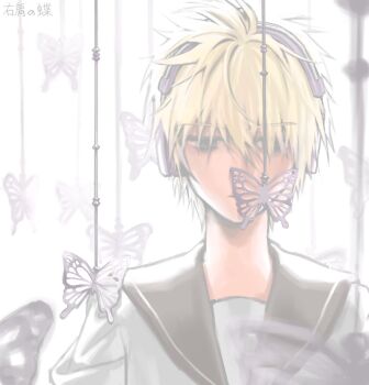 Rule 34 | 1boy, black sailor collar, blonde hair, bug, butterfly, expressionless, hair between eyes, headphones, highres, insect, kagamine len, kanononoring, male focus, migikata no chou (vocaloid), sailor collar, short hair, simple background, solo, upper body, vocaloid, white background