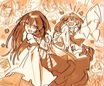 1girl amo_empool bare_shoulders blush_stickers boots brown_theme detached_sleeves dress gachiakuta horizontal_pupils long_sleeves multiple_views noree open_clothes open_dress open_mouth sketch smile