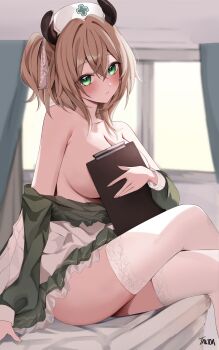 1girl absurdres animal_ears ass breasts brown_hair clipboard covering_breasts covering_privates crossed_legs curtains dress green_dress green_eyes hat highres indie_virtual_youtuber large_breasts nimi_nightmare nurse nurse_cap sideboob sitting takida_185 tapir_ears tapir_girl thighhighs thighs virtual_youtuber white_thighhighs window