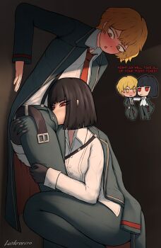 1boy 1girl artist_name belt black_gloves black_hair black_jacket blonde_hair blush bob_cut chibi cigarette collared_shirt commentary commission english_commentary english_text eyes_visible_through_hair fellatio gloves hetero highres hug hug_and_suck jacket jacket_on_shoulders leoderorero limbus_company long_sleeves necktie open_fly open_mouth oral pants project_moon red_eyes red_necktie ringed_eyes ryoshu_(project_moon) shirt short_hair sinclair_(project_moon) smoking steaming_body suspenders waist_hug white_shirt yellow_eyes