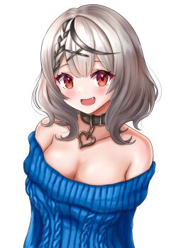 1girl :d absurdres aran_sweater armpit_crease bare_shoulders black_collar black_streaks blue_sweater blush braid breasts cable_knit cleavage collar collarbone fang grey_hair hair_ornament heart_collar highres hololive large_breasts looking_at_viewer multicolored_hair off-shoulder_sweater off_shoulder open_mouth red_eyes ribbed_sweater sakamata_chloe short_hair smile solo streaked_hair sweater transparent_background two-tone_hair upper_body urushinuri virtual_youtuber x_hair_ornament