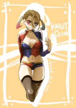 1girl batman_(series) black_thighhighs blonde_hair blue_eyes blue_hair breasts character_name cleavage commentary_request crop_top cropped_legs dated dc_comics harley_quinn highres kudou_masashi makeup medibang_paint_(medium) medium_breasts micro_shorts midriff multicolored_hair navel pink_hair shorts signature smile solo thighhighs twintails two-tone_hair two-tone_shorts