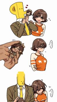 Rule 34 | 1boy, 1girl, 24takokai10, breasts, brown hair, character doll, chibi, chibigurumi, commentary request, doll, highres, honda mio, idolmaster, idolmaster cinderella girls, medium breasts, p-head producer, producer (idolmaster), short hair, simple background, white background