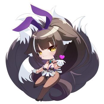 Rule 34 | absurdres, animal ear fluff, animal ears, azur lane, blush, chibi, droopy ears, facial mark, fake animal ears, food, food art, fox, fox ears, fox girl, fox tail, heart, high heels, highres, kitsune, leotard, multiple tails, musashi (azur lane), musashi (the purple rabbit's marksmanship) (azur lane), purple hair, rabbit girl, smile, tail, tako-san wiener, yellow eyes