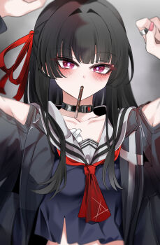 1girl absurdres arm_cutout arms_up black_hair black_jacket black_serafuku black_shirt blush breasts chisa_(wuthering_waves) clothing_cutout collarbone commentary fingernails food food_in_mouth hair_ribbon highres jacket long_hair looking_at_viewer medium_breasts neckerchief patpang pink_eyes pocky pocky_in_mouth red_neckerchief red_ribbon ribbon sailor_collar school_uniform serafuku shirt solo upper_body white_sailor_collar wuthering_waves