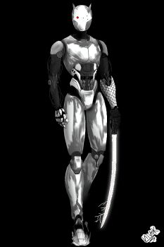 1boy armor black_background breastplate full_body greyscale highres holding holding_sword holding_weapon joints kevio_nivek looking_at_viewer machine male_focus mechanical_arms monochrome no_humans no_mouth no_nose non-web_source one-eyed original plasma_sword robot robot_joints saber_(weapon) simple_background solo standing sword weapon
