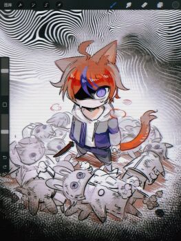 1boy ahoge animal_ears aotsuki_eito art_program_in_frame black_hair black_pants blue_eyes blue_hair blue_jacket cat_boy cat_ears cat_tail chibi chibi_only chinese_commentary commentary_request drawstring from_above grey_jacket highres holding holding_knife hood hood_down hoodie jacket jacket_over_hoodie kemonomimi_mode knife long_sleeves male_focus multicolored_hair multicolored_jacket open_clothes open_jacket pants procreate_(medium) procreate_(software) red_hair shoes short_hair solo streaked_hair stuffed_animal stuffed_rabbit stuffed_toy sumino_takumi sweat tail the_hundred_line_-last_defense_academy- two-tone_hair two-tone_jacket white_hoodie white_shoes zongzhijun48889