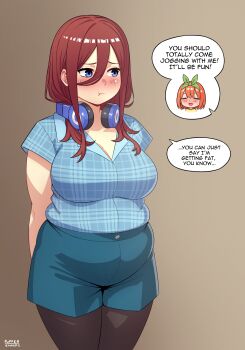 ... 2girls absurdres alternate_body_size artist_name breasts brown_hair cleavage closed_eyes closed_mouth commentary cowboy_shot english_commentary english_text go-toubun_no_hanayome green_ribbon hair_between_eyes hair_ribbon headphones headphones_around_neck highres large_breasts long_hair medium_hair multiple_girls nakano_miku nakano_yotsuba open_mouth orange_hair plump puffersnacks ribbon short_sleeves speech_bubble spoken_ellipsis sweatdrop talking thick_thighs thighs weight_conscious