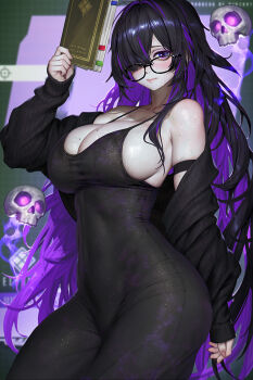 1girl black-framed_eyewear black_cardigan black_dress black_hair blush book breasts cardigan cleavage colored_inner_hair curvy dress floating_skull glasses goddess_of_victory:_nikke hair_over_one_eye highres label_(nikke) long_hair looking_at_viewer midriff mojyo mole mole_on_breast multicolored_hair neoartcore purple_eyes purple_hair purple_streaks shiny_clothes sideboob solo sweat taut_clothes taut_dress two-tone_hair veins veiny_breasts