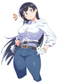 1girl arato_nagi belt black_hair blue_eyes breasts breath brown_belt buttons closed_mouth collared_shirt ear_piercing eitopondo eyebrows_hidden_by_hair gloves grey_pants hands_on_own_hips highres large_breasts long_hair looking_at_viewer pants pickaxe piercing ruri_no_houseki shirt shirt_tucked_in sleeves_rolled_up smile solo standing thighs very_long_hair white_background white_gloves white_shirt