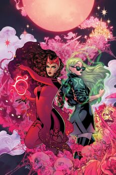 2girls black_bodysuit black_dress black_jacket black_thighhighs bodysuit brown_hair dress green_eyes green_hair green_lips highres jacket long_hair lorna_dane magic marvel multicolored_bodysuit multiple_girls open_clothes open_jacket pelvic_curtain polaris_(x-men) red_bodysuit russell_dauterman scarlet_witch sunglasses thighhighs two-tone_bodysuit wanda_maximoff x-men