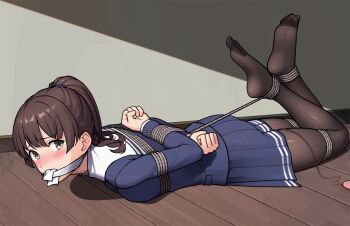 1girl animated animated_gif arms_behind_back bdsm blue_jacket blue_skirt blush bondage bound bound_ankles bound_arms bound_wrists box_tie breasts brown_eyes brown_hair clenched_hands egg_vibrator feet female_focus from_side full_body gag gagged gbeeee hogtie humiliation indoors jacket katou_megumi long_hair looking_at_viewer looking_to_the_side looping_animation lying medium_breasts neglect_play no_shoes nose_blush on_floor on_stomach paid_reward pantyhose patreon_reward pleated_skirt ponytail profile remote_control_vibrator rope saenai_heroine_no_sodatekata school_uniform sex_toy shibari shibari_over_clothes skirt slave soles solo vibrator vibrator_cord vibrator_under_clothes wooden_floor