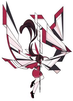Rule 34 | abstract, absurdres, adapted costume, alternate art style, cubism, floating clothes, geometric pattern, geometry, gohei, hair tubes, hakurei reimu, harano kaguyama, highres, holding, holding gohei, mary janes, math, red skirt, red vest, shapes, shoes, skirt, touhou, vest