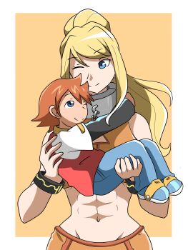 1boy 1girl absurdres blonde_hair blue_eyes brown_hair carrying carrying_person christopher_thorndyke highres howlerjohn layered_sleeves long_sleeves looking_at_another metroid midriff nintendo one_eye_closed princess_carry reverse_princess_carry samus_aran short_over_long_sleeves short_sleeves smile sonic_(series) sonic_x