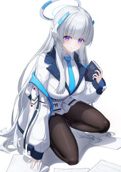 1girl absurdres black_pantyhose blue_archive blue_necktie breasts coat commentary_request dai_mao_xuan_yi halo highres large_breasts long_hair looking_at_viewer mechanical_halo necktie noa_(blue_archive) pantyhose paper purple_eyes shirt simple_background skirt smile solo squatting very_long_hair white_background white_coat white_hair white_shirt white_skirt