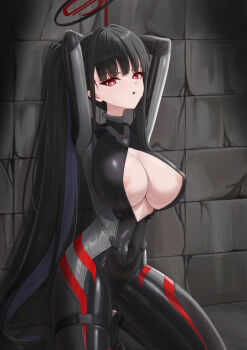 1girl absurdres areola_slip arms_behind_head arms_up black_bodysuit black_hair black_halo blue_archive blunt_bangs bodysuit bound bound_wrists breasts bright_pupils commentary commonalty covered_erect_nipples covered_navel halo highres impossible_bodysuit impossible_clothes indoors kneeling large_breasts latex latex_bodysuit long_hair looking_at_viewer multicolored_halo official_alternate_costume official_alternate_hairstyle open_bodysuit open_clothes paid_reward_available parted_lips partially_unzipped ponytail red_eyes restrained ringed_eyes rio_(armed)_(blue_archive) rio_(blue_archive) rope shadow sidelocks skin_tight solo stationary_restraints sweat two-tone_halo very_long_hair white_pupils