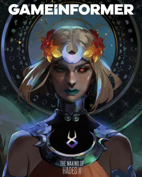 1girl ancient_greek_clothes blonde_hair colored_sclera dress greco-roman_clothes green_eyes green_lips hades_(series) hades_2 heterochromia highres jen_zee laurel_crown melinoe_(hades) mismatched_sclera moon_phases official_art orange_dress red_eyes shore short_hair solo