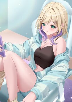 1girl absurdres black_camisole blue_nails blush breasts camisole cleavage collarbone colored_inner_hair fingernails green_eyes green_hoodie green_shorts hair_intakes hair_ornament hairclip highres holding holding_phone hood hoodie indoors kurumi_noah kurumi_noah_(6th_costume) large_breasts long_sleeves medium_hair multicolored_hair nail_polish open_mouth phone purple_hair shagaihi shiny_skin shorts sitting socks solo striped_clothes striped_hoodie teddy_bear_hair_ornament thighs two-tone_hair virtual_youtuber vspo! yellow_socks