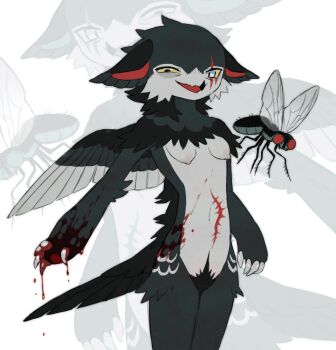 1girl animal beak black_feathers blood blood_on_hands breasts bug colored_sclera commentary completely_nude cowboy_shot english_commentary feathers fly furry furry_female green_feathers grey_feathers griffin_girl highres insect jejejunum jejenum_(jejejunum) multicolored_feathers nipples nude open_mouth original pubic_hair scar scar_across_eye scar_on_face scar_on_stomach smile solo tail yellow_sclera