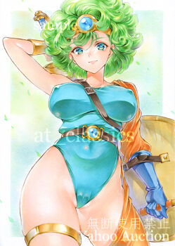 1girl aqua_background aqua_eyes aqua_leotard arm_behind_head at_classics blue_gemstone blue_gloves border breasts cameltoe circlet commentary_request covered_erect_nipples covered_navel cowboy_shot curly_hair dragon_quest dragon_quest_iv gem gloves gluteal_fold gold_circlet gold_thighlet gradient_background green_background green_hair heroine_(dq4) holding holding_shield holding_sword holding_weapon jewelry large_breasts leotard looking_at_viewer orange_sleeves orange_thighhighs sample_watermark sheath shield short_hair single_sleeve single_thighhigh solo sword sword_on_back thighhighs thighlet traditional_media unsheathing watermark weapon weapon_on_back white_border