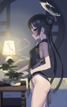 1girl absurdres armpit_crease ass bare_legs bare_shoulders bed bedroom blue_archive blue_eyes blush bonsai braid braided_bun breasts butterfly_hair_ornament china_dress chinese_clothes commentary cowboy_shot double_bun dragon_print dress from_side grey_eyes grey_halo groin hair_bun hair_ornament halo hashtag-only_commentary heart highres holding incense incense_burner kisaki_(blue_archive) lamp loli looking_at_viewer looking_to_the_side naughty_face nightstand no_panties nose_blush pelvic_curtain petite pillow print_dress raised_eyebrows side-eyed sleeveless sleeveless_dress small_breasts smoke smoke_trail ssolar table teasing thighs