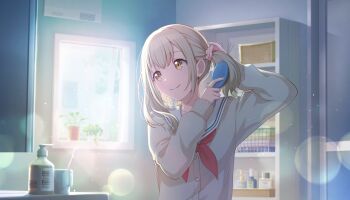 1girl adjusting_hair azusawa_kohane blonde_hair blurry bokeh brushing_hair cardigan closed_mouth colorful_palette depth_of_field game_cg hair_brush hello_good_day!_(project_sekai) highres holding holding_hair_brush looking_ahead medium_hair neckerchief official_art plant potted_plant project_sekai red_neckerchief sailor_collar shelf smile solo third-party_source twintails white_sailor_collar window yellow_eyes