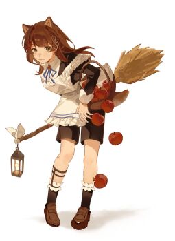 1girl :3 animal_ears ankle_strap apple apron basket black_shirt black_shorts black_socks black_straps blue_ribbon brooch broom brown_eyes brown_hair brown_ribbon brown_shoes closed_mouth cocoa_(shinyshynii) collar commentary english_commentary falling floating_hair food frilled_apron frilled_straps frills fruit hair_intakes hair_ribbon highres holding holding_broom jewelry juliet_sleeves lantern leaning_forward long_hair long_sleeves looking_at_viewer mole mole_under_eye neck_ribbon original puffy_sleeves ribbon shinyshynii shirt shoes shorts smile socks solo swept_bangs tail white_apron white_collar wolf_ears wolf_girl wolf_tail