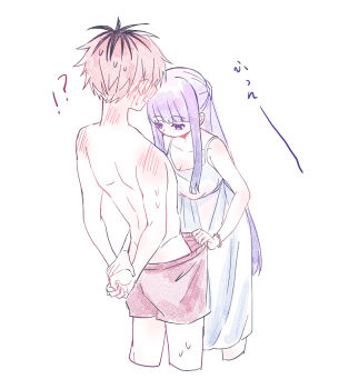 1boy 1girl 5o blush boxers bracelet dress expressionless fern_(sousou_no_frieren) highres jewelry looking_at_penis male_underwear pulling purple_eyes purple_hair red_hair sousou_no_frieren stark_(sousou_no_frieren) sundress topless_male underwear upper_body white_dress