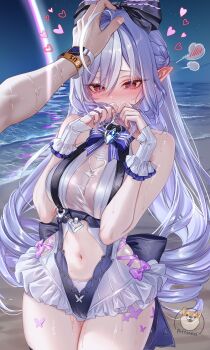 Rule 34 | 1boy, 1girl, absurdres, beach, blush, breasts, clothing cutout, commentary request, covering own mouth, drill hair, headpat, heart, heart cutout, highres, large breasts, long hair, multicolored hair, ocean, official alternate costume, one-piece swimsuit, playing with own hair, pointy ears, pottsness, purple hair, purple nails, red eyes, smartwatch, stomach, streaked hair, swimsuit, vivian banshee, vivian banshee (iris of the shore), watch, wet, wet clothes, wet swimsuit, white hair, white one-piece swimsuit, wise (zenless zone zero), wrist cuffs, wristwatch, zenless zone zero