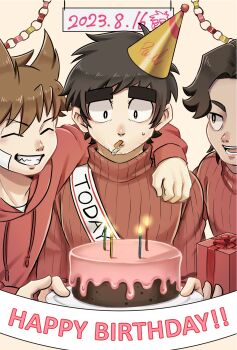 3boys ^_^ animification arm_around_shoulder bandage_on_cheek bandage_on_face bandages beard_stubble birthday birthday_cake box bright_pupils brown_eyes brown_hair cake candle cigarette closed_eyes commentary commentary_request drawstring eddsworld english_text facial_hair food gift gift_box grin hair_ears happy_birthday hat highres hood hood_down hoodie icing kashimiato long_sleeves male_focus multiple_boys open_mouth partial_commentary party_hat patryck_(eddsworld) paul_(eddsworld) red_hoodie red_sweater sash sharp_teeth short_hair smile stubble sweater teeth thick_eyebrows tord_(eddsworld) turtleneck turtleneck_sweater upper_body white_pupils yellow_eyes