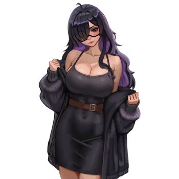 1girl ahoge akinoshi_art bare_shoulders belt black-framed_eyewear black_cardigan black_dress black_hair blush breasts brown_belt cardigan cardigan_partially_removed cleavage collarbone colored_inner_hair commentary covered_navel dress glasses goddess_of_victory:_nikke hair_over_one_eye highres label_(nikke) large_breasts long_hair looking_at_viewer multicolored_hair purple_eyes purple_hair purple_streaks simple_background smile solo taut_clothes taut_dress two-tone_hair very_long_hair white_background