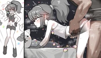 1boy 1girl ^^^ absurdres antennae arched_back armpits bed bent_over blank_censor blush boots breath cat_(nyanko_daisensou) censored commentary condom condom_wrapper crop_top dark-skinned_male dark_skin ebora english_commentary english_text flat_chest gloves grey_boots grey_gloves grey_hair grey_skirt hairband heart heavy_breathing highres loli miniskirt momoco_(nyanko_daisensou) multiple_views navel nyanko_daisensou out_of_frame pale_skin panties penis pillow ponytail puckered_lips rolling_eyes sex shirt short_hair sidelocks skirt standing standing_sex stomach_bulge sunglasses sweat tank_top torso_grab trembling underwear used_condom white_panties white_shirt x-ray