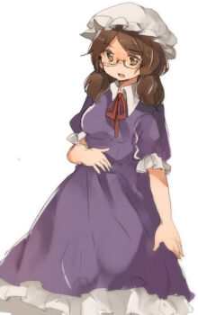 1girl brown_eyes brown_hair cosplay feet_out_of_frame frilled_sleeves frills glasses hat highres low_twintails mob_cap neck_ribbon purple_skirt ribbon short_sleeves short_twintails shukinuko skirt touhou twintails upper_body usami_sumireko white_background yakumo_yukari yakumo_yukari_(cosplay)