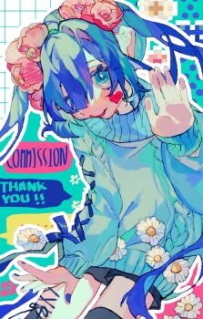 1girl androgynous black_shorts blue_eyes blue_hair blue_nails blue_sweater cable_knit commentary_request fingernails flower grid_background hair_flower hair_ornament heart heart_sticker highres long_hair shinjitsu_no_kuchi shorts solo sticker sweater twintails vrchat white_background white_flower