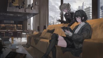 2girls black_gloves black_hair black_jacket black_skirt black_thighhighs book building city collared_shirt commentary_request computer couch crossed_legs cup disposable_coffee_cup disposable_cup gloves grey_hair highres holding holding_book ichijou_riana indoors jacket kankunen_yua laptop lavender_quartz:_kyoukai_hyoudou multiple_girls overcast plant potted_plant raymon_(raym0n_) reading shirt skirt sky skyscraper stool table teacup thighhighs twintails white_shirt window