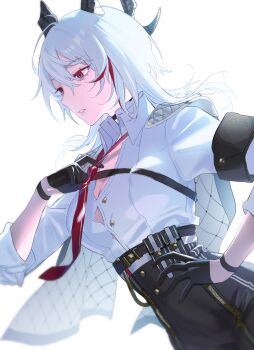 1girl armband black_armband black_gloves black_horns black_jacket black_pants breasts button_gap chest_harness cleavage collared_shirt commentary_request curled_horns gloves hair_between_eyes hand_on_own_hip harness high-waist_pants highres horns jacket jacket_on_shoulders long_hair medium_breasts multicolored_hair necktie niru_u pants red_eyes red_necktie shirt shirt_tucked_in simple_background solo streaked_hair white_background white_shirt wuthering_waves zani_(wuthering_waves)