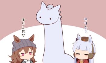 2girls animal_ears beanie blunt_bangs blush brown_hair brown_hat chibi chibi_only closed_eyes commentary_request ears_through_headwear gold_ship_(racehorse) gold_ship_(umamusume) gomashio_(goma_feet) grey_hair hat horse horse_ears horse_girl jitome long_hair multiple_girls nakayama_festa_(umamusume) no_mouth pink_background pink_eyes translation_request two-tone_background umamusume upper_body white_background