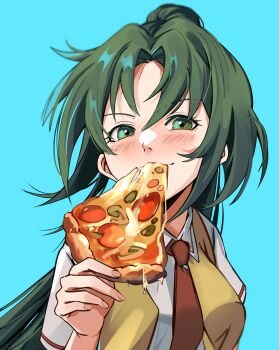 1girl :3 absurdres aqua_background blush breasts eating food green_eyes green_hair highres higurashi_no_naku_koro_ni holding holding_food holding_pizza long_hair looking_at_viewer pizza pizza_slice ponytail school_uniform shirt simple_background sonozaki_mion uneasywolf vest yellow_vest