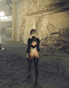 1girl 2b_(nier:automata) 3d animated animated_gif ass back black_thighhighs boots bottomless female_focus from_behind huge_ass legs leotard lowres nier:automata nier_(series) outdoors robot solo thigh_boots thighhighs thighs thong_leotard underwear walking