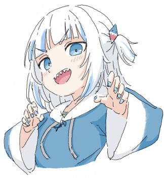 1girl blue_eyes blue_hair blue_hoodie blue_nails blush check_commentary commentary_request gawr_gura gawr_gura_(1st_costume) grey_hair hair_ornament haniwa_no_fuuraiboo hololive hololive_english hood hoodie long_sleeves looking_at_viewer multicolored_hair open_mouth shark_hair_ornament sharp_teeth simple_background smile solo streaked_hair teeth upper_body virtual_youtuber white_background