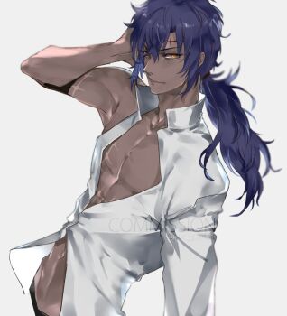 1boy abs armpits blue_hair body_markings collarbone collared_shirt commission d.gray-man dark-skinned_male dark_skin facial_mark forehead_mark grey_background hair_between_eyes hand_on_own_head long_hair long_sleeves looking_at_viewer low_ponytail male_focus mature_male messy_hair midriff midriff_peek mole mole_under_eye navel noah_(d.gray-man) partially_unbuttoned pectoral_cleavage pectorals ponytail pvc_parfait scar scar_on_arm scar_on_chest shirt sidelocks simple_background single_bare_arm single_bare_shoulder single_sleeve solo toned toned_male tyki_mikk unbuttoned unbuttoned_shirt white_shirt yellow_eyes
