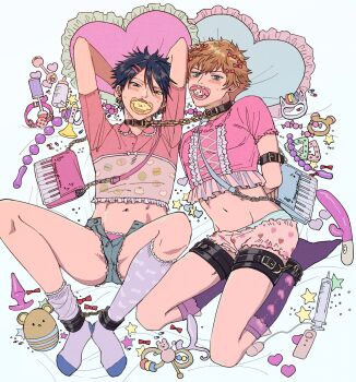 2boys adult_baby anal_beads aqua_panties arms_behind_back arms_behind_head arms_up asymmetrical_legwear baby_bottle bag ball_gag bdsm bed_sheet belt_collar black_collar black_hair blue_bag blue_eyes blush bondage bottle bound bound_ankles bound_arms bound_legs bow brown_hair butt_plug candy choppy_bangs collar collarbone collared_shirt commentary_request crossdressing crossdressing_(mtf) denim denim_shorts dildo earrings egg_vibrator film_grain food food_print frilled_panties frilled_pillow frilled_shirt frilled_shirt_collar frilled_shorts frilled_sleeves frilled_socks frills from_above fruit_print full_body furrowed_brow gag green_eyes groin groin_tendon hair_between_eyes hair_bow hair_ornament hairpin head_on_pillow heart heart-shaped_pillow heart_print highres hoop_earrings jewelry kneehighs knees_up large_syringe linked_collar looking_at_viewer lying male_focus mezzo_piano micro_shorts mouth_hold multiple_boys multiple_earrings multiple_hair_bows multiple_hairpins multiple_piercings my_melody navel omanjumaturi1 on_back on_side open_clothes open_shorts oshitari_ken'ya oversized_object pacifier pale_skin panties panty_peek partially_unbuttoned piano_print pill pillow pink_bag pink_panties pink_shirt pink_shorts pompompurin print_socks prostate_massager purple_socks rabbit_vibrator rattle red_bow restrained sanrio see-through_frills sex_toy shirt shirt_bow short_hair short_sleeves shorts shoulder_bag simple_background small_sweatdrop socks spiked_hair star_(symbol) strawberry_print striped_clothes striped_panties sweat syringe teething_ring tennis_no_ouji-sama toned toned_male toy two-tone_panties unbuttoned underwear uneven_legwear unzipped vibrator white_background white_bow white_panties wrapped_candy zaizen_hikaru