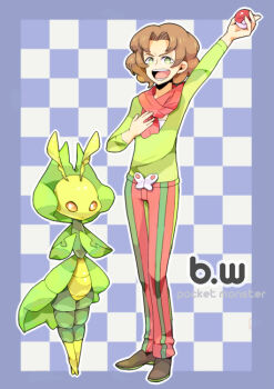 10s brown_hair burgh_(pokemon) gen_5_pokemon gym_leader leavanny nintendo pants pokemon pokemon_(creature) pokemon_bw rikuo_(artist) scarf striped_clothes striped_pants