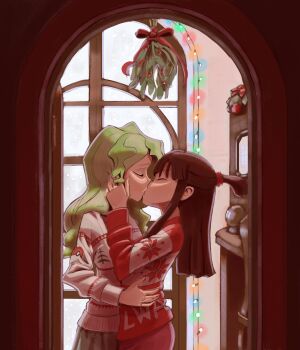 2girls absurdres brown_hair christmas_lights christmas_sweater closed_eyes commentary diana_cavendish english_commentary gift_art green_hair hand_on_another's_face hand_on_another's_waist highres homagetoerrata indoors kagari_atsuko kiss little_witch_academia long_hair mistletoe multiple_girls red_sweater sweater white_sweater yuri