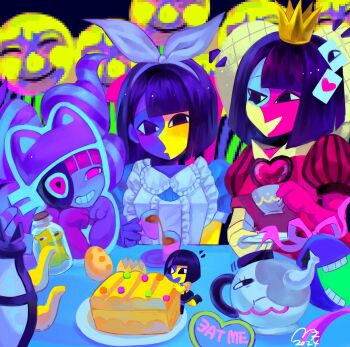 5girls alice's_adventures_in_wonderland alice_(alice_in_wonderland) alice_(alice_in_wonderland)_(cosplay) animal_hat black_eyes black_hair blue_skin blunt_bangs blunt_ends blush card cat_girl cat_hat cheshire_cat_(alice_in_wonderland) cheshire_cat_(alice_in_wonderland)_(cosplay) colored_skin commentary cosplay crown cubism cup dog ena:_dream_bbq ena_(dream_bbq) ena_(ena) ena_(series) ena_(species) ena_(web_series) english_commentary floating_head happy_ena hat highres hourglass_dog in-franchise_crossover in_container in_jar jar low_poly mask mask_(ena) mini_person minigirl moony_(ena) multicolored_skin multiple_girls open_mouth playing_card playing_card_hair_ornament puffy_short_sleeves puffy_sleeves queen queen_of_hearts_(alice_in_wonderland) queen_of_hearts_(alice_in_wonderland)_(cosplay) sad_ena salesperson_ena short_sleeves smile split-color_skin surreal table taski_maiden_(ena) tea teacup teapot turron two-tone_skin unworn_mask usagimarumei yellow_skin