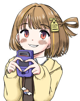 1girl blush brown_hair brown_necktie brown_sweater collared_shirt commentary_request four-finger_heart_hands game_boy game_boy_color game_cartridge gradient_eyes grin hair_ornament hair_rings handheld_game_console hands_up heart heart_hands holding holding_handheld_game_console hood hood_down hooded_jacket jacket long_sleeves looking_at_viewer medium_hair multicolored_eyes na_na_me45 necktie open_clothes open_jacket puffy_long_sleeves puffy_sleeves purple_eyes red_eyes sendo_yuuhi sendo_yuuhi_(1st_costume) shirt simple_background single_hair_ring smile solo sweater upper_body virtual_youtuber vspo! white_background white_shirt yellow_jacket