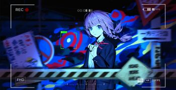 1girl ? absurdres battery_indicator blue_eyes blue_jacket blurry braid caution_tape closed_mouth collared_shirt commentary curantohashdash english_text highres house jacket kaf_(kamitsubaki_studio) kamitsubaki_studio laplace_(kamitsubaki_studio) long_hair long_sleeves looking_at_viewer neck_ribbon night no_entry_sign open_clothes open_jacket outdoors pink_hair pink_ribbon pink_skirt plaid_clothes plaid_skirt recording red_pupils revision ribbon road_sign school_uniform shirt sign skirt stop_sign symbol-only_commentary twin_braids twintails viewfinder white_shirt yellow_pupils
