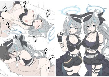 1boy 2girls absurdres alternate_costume animal_ear_fluff animal_ears arms_behind_back ayane_(blue_archive) ayane_(blue_archive)_(cosplay) ayane_(idol)_(blue_archive) belt black_choker black_gloves black_hair black_hat black_shorts blue_archive blue_eyes blue_halo breasts bright_pupils broken_halo choker cleavage closed_mouth collarbone commentary cosplay crop_top cross_hair_ornament fingerless_gloves girl_on_top gloves grey_hair hair_ornament halo hat headset hetero highres large_breasts long_hair looking_at_viewer medium_breasts mismatched_pupils multiple_girls nipples ponytail serika_(blue_archive) serika_(blue_archive)_(cosplay) serika_(idol)_(blue_archive) sex shiroko_(blue_archive) shiroko_terror_(blue_archive) shorts simple_background single_leg_pantyhose smile standing t1kosewad thighs untranslatable_commentary v vaginal white_background white_belt white_pupils wolf_ears