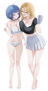 2girls absurdres ahoge arm_up barefoot bbul_horn black_bra black_choker blonde_hair blue_eyes blue_hair blush bra breast_press breasts can choker cleavage collarbone commentary_request crop_top cropped_shirt earrings fingernails full_body glasses hair_between_eyes highres holding holding_can jewelry large_breasts legs long_hair looking_at_another medium_hair midriff miniskirt multiple_girls nail_polish open_mouth original panties parted_lips purple_nails short_sleeves sidelocks simple_background skirt smile stomach strap_lift symmetrical_docking thighs underwear underwear_only white_background white_bra white_panties white_skirt yellow_eyes